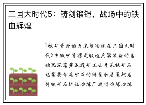 三国大时代5：铸剑锻铠，战场中的铁血辉煌